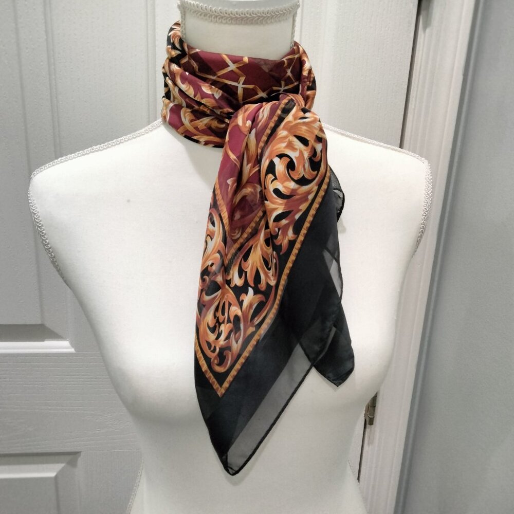 Sheer Scarf, Gold, Black, Burgundy Medallion Pattern, 34" Square, Polyester, New - Picture 5 of 10